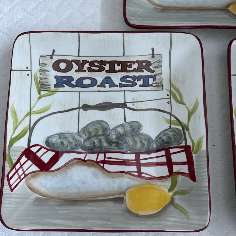 Certified International Oyster Roast Square Plates Set of 3 Multicolor Excellent